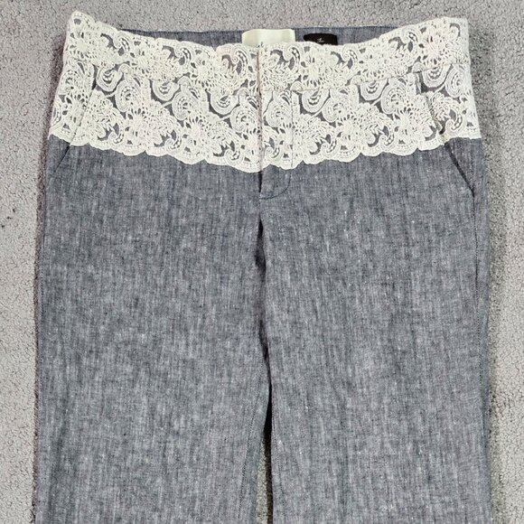 Elevenses Anthropologie The Brighton Linen Blend Gray Flare Pants Lace Overlay - Picture 4 of 10